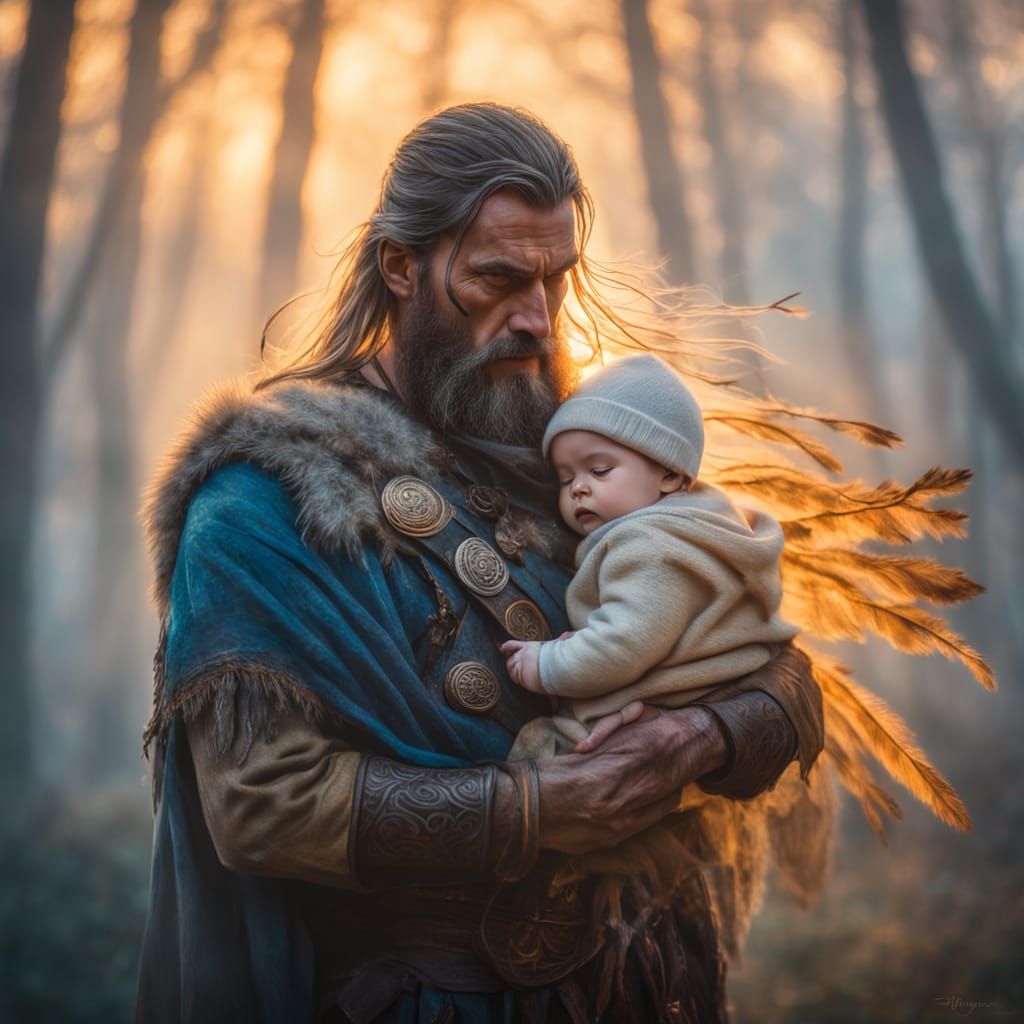 Viking Warrior with Baby in Misty Forest, in Vibrant Oil Pai...
