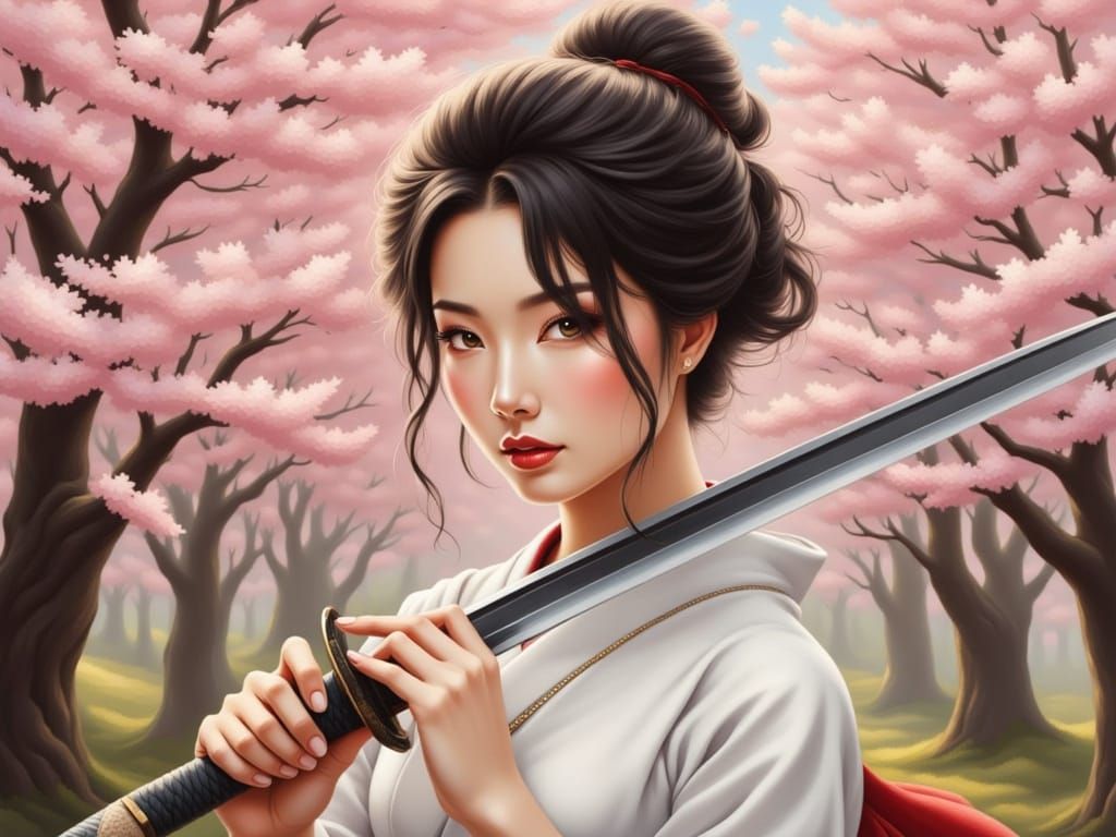 Geisha with Katana Under Cherry Blossoms: Action Painting
