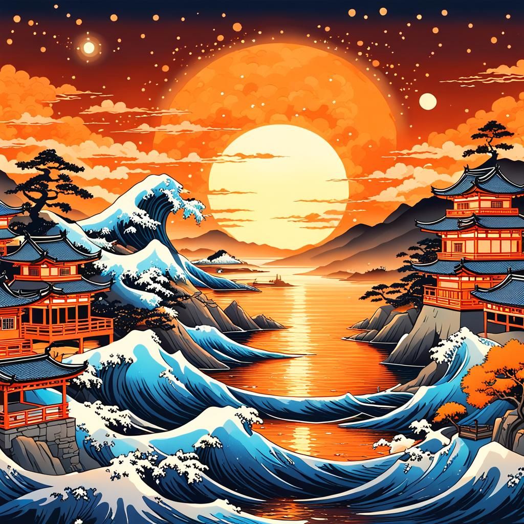 Ukiyo-e Sunset in Beautiful Orange Shades