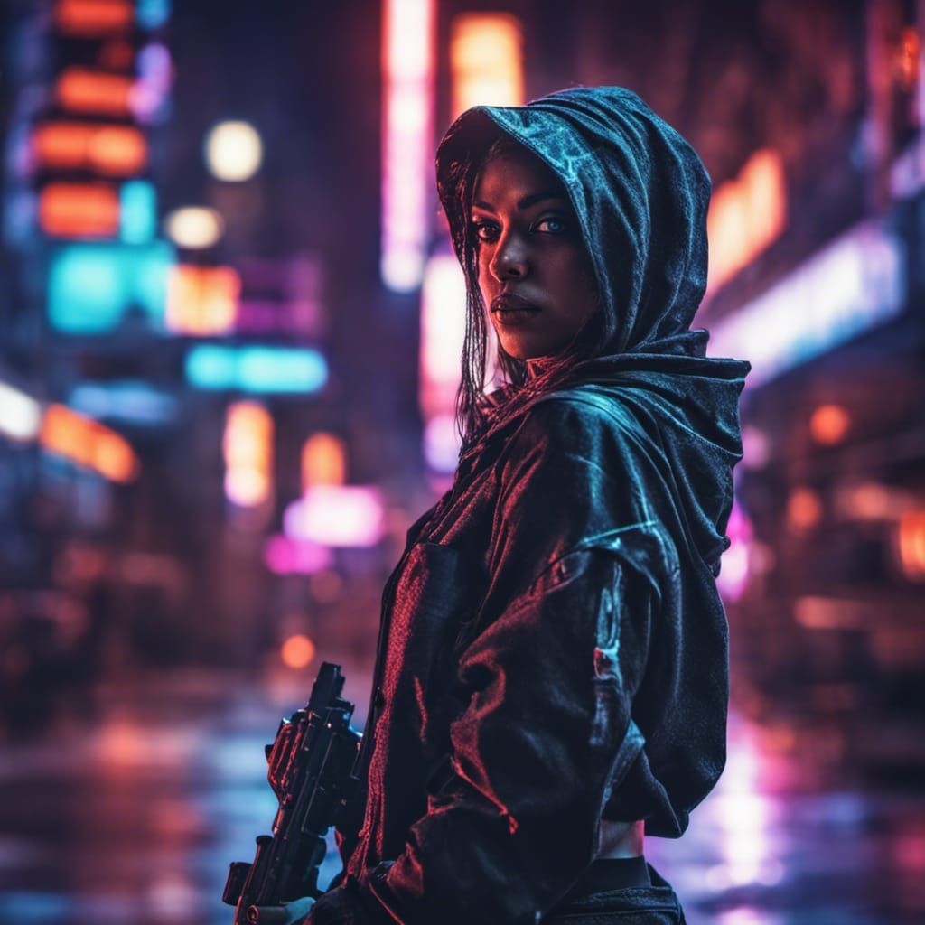 Assassin in Neon City: Hyperrealistic Portrait