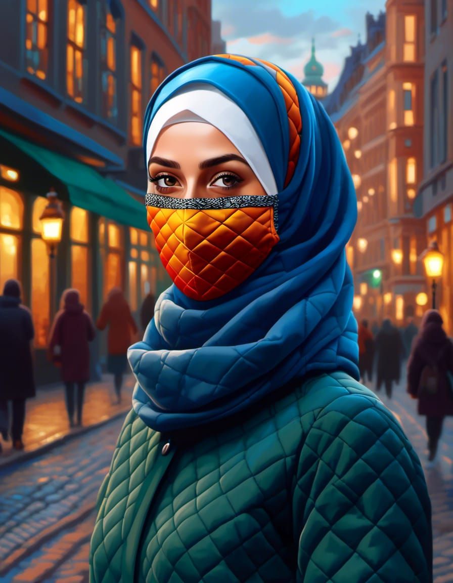 Young Woman in Hijab and Mask, Oil Painting Style