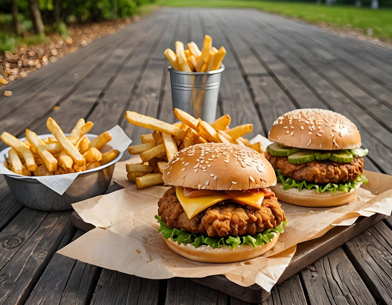 Fried Chicken Hamburger with Fries Outdoors