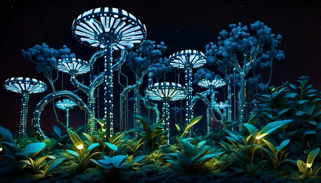 Cybernetic Jungle at Dusk with Metallic Blooms