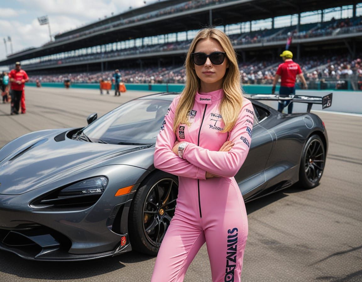 Confident Female Racer Stands Beside McLaren 720S GT-3