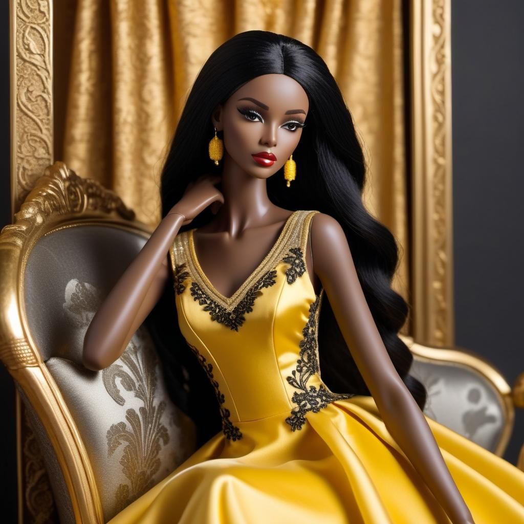 Elegant Black Doll on Brocade Sofa