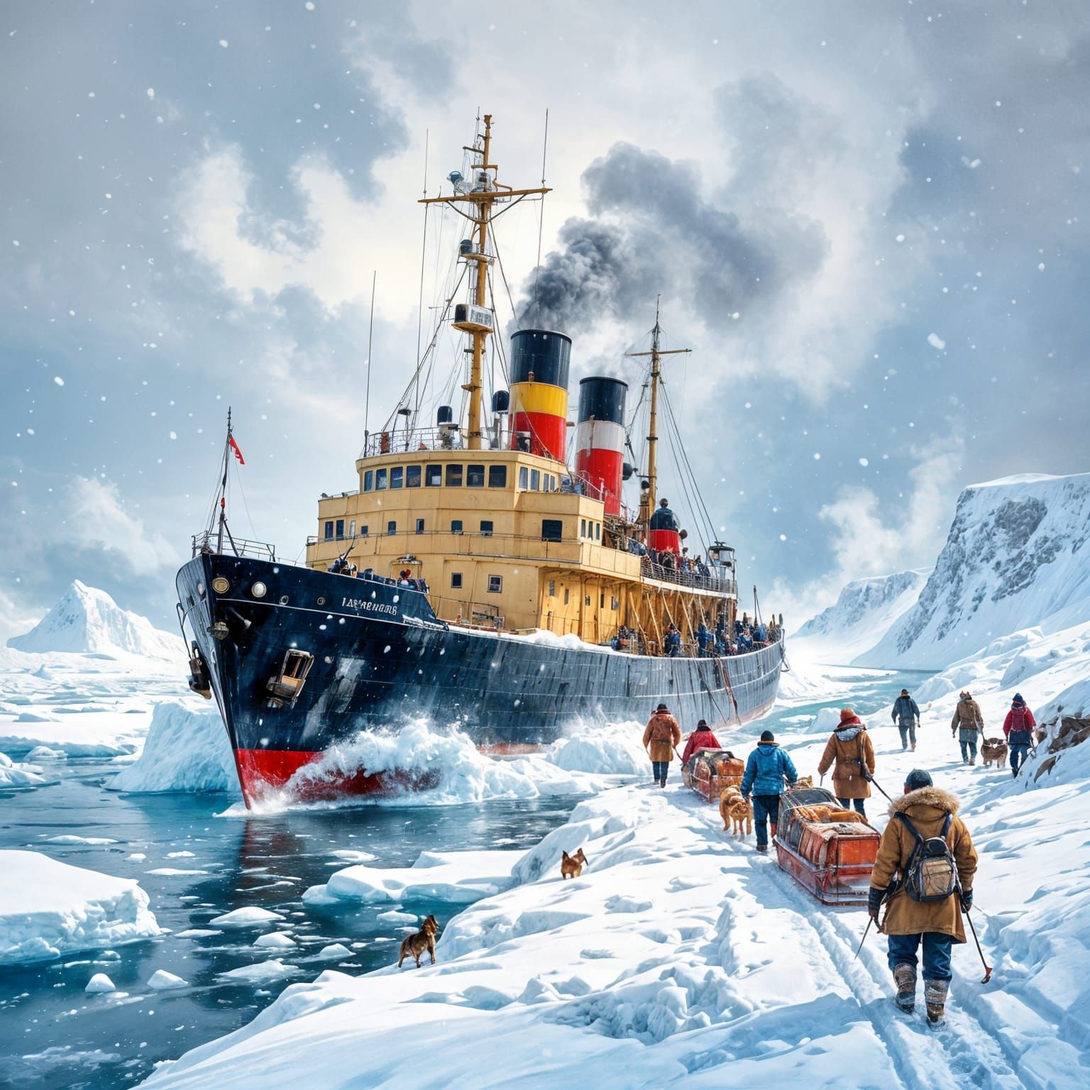 19th-Century Steam Icebreaker in Watercolour Style