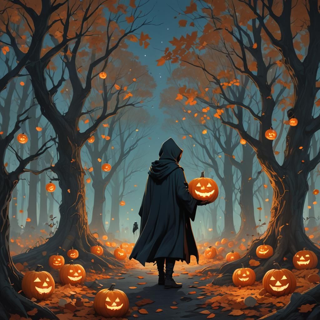 Eerie Autumn Fantasy: Cloaked Figure in Moonlit Forest