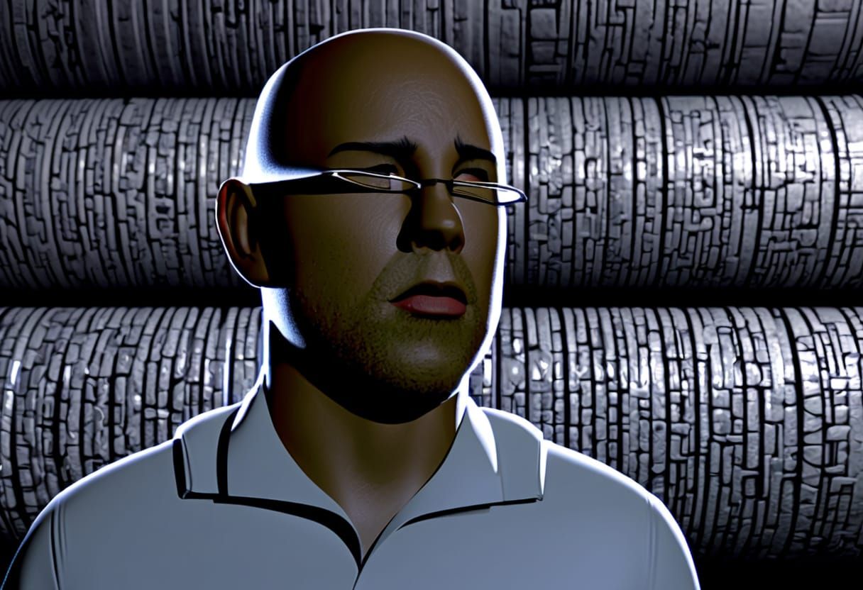 Shocked Man Clutches Roman Column in Dramatic Sci-Fi Art