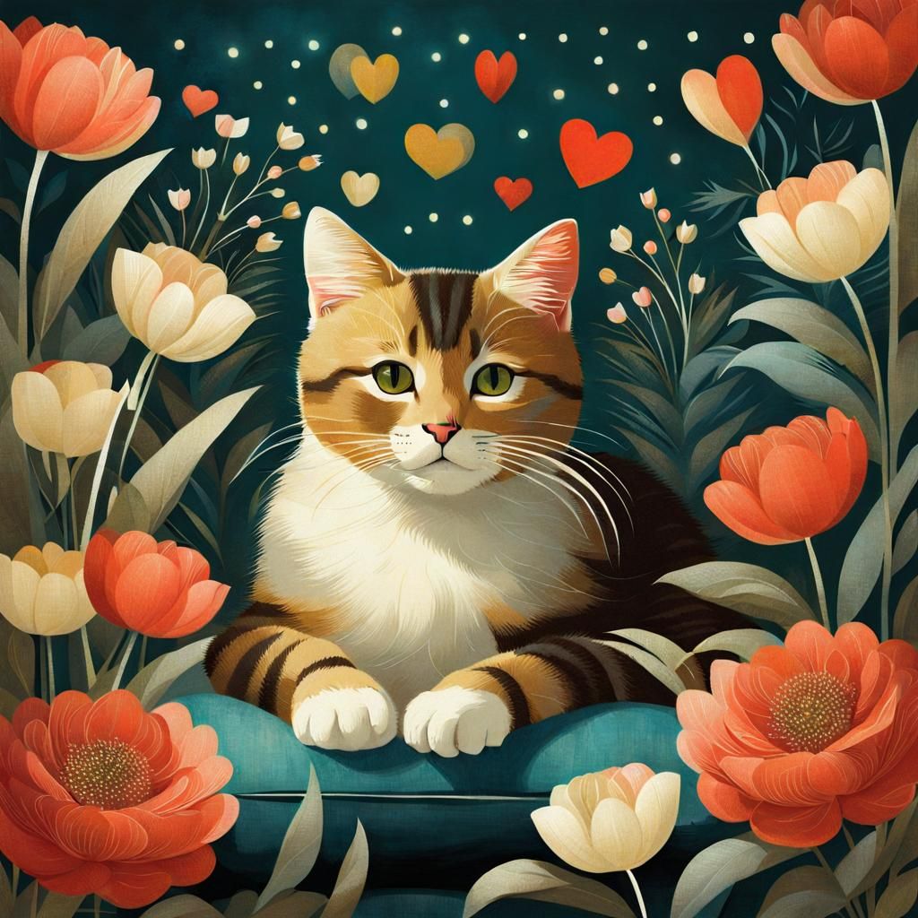Cat Surrounded by Flowers: Stylized Illustration