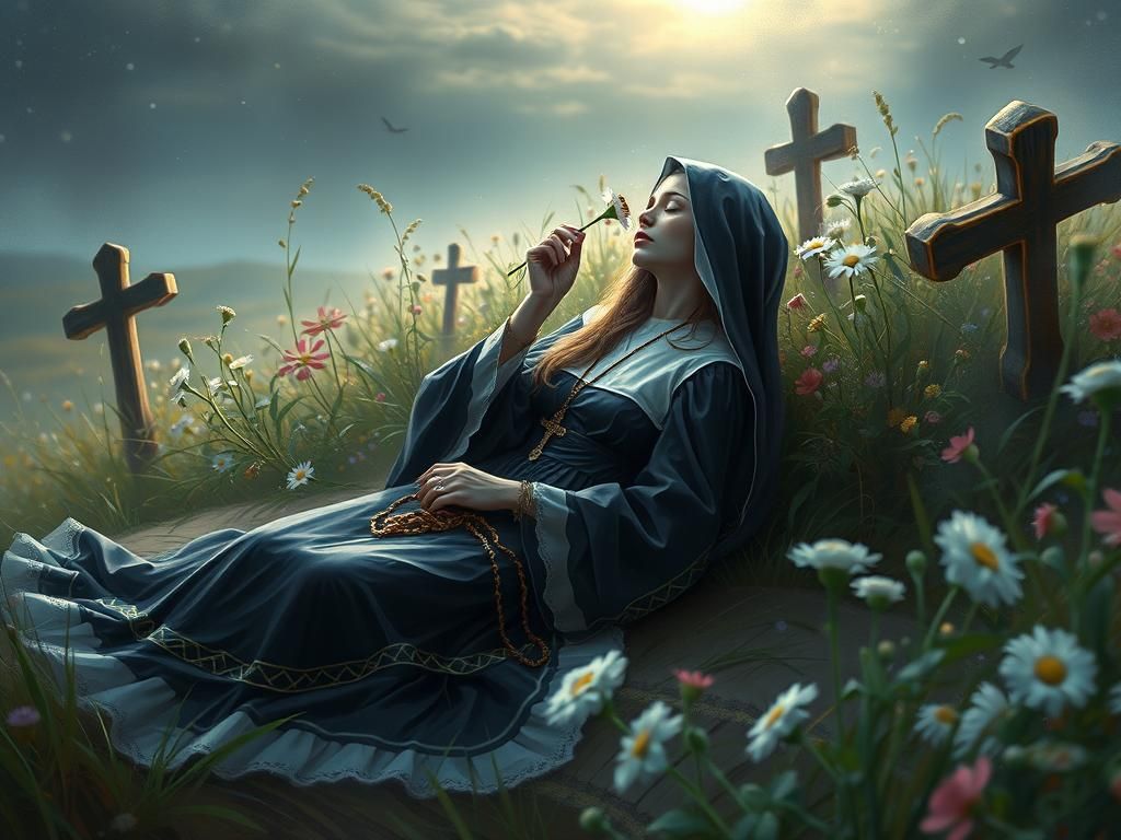 Nun Sleeping in Wildflower Field, Hyper-Realistic Art