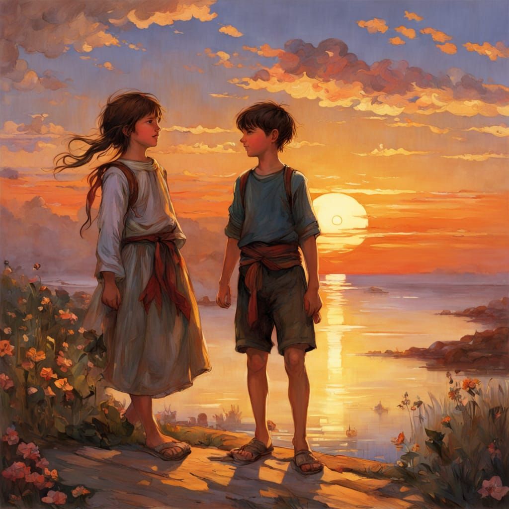 Cheerful Boy and Girl at Sunset in John William Waterhouse S...
