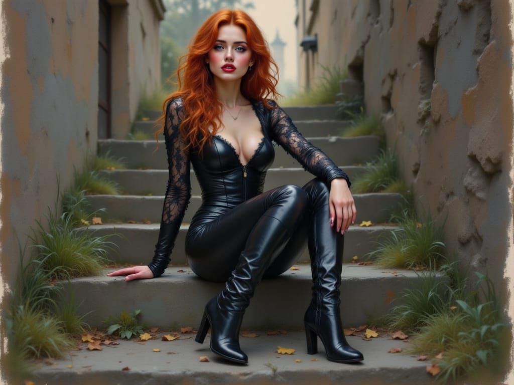 Elegant Red-Haired Woman in Gothic Fantasy Setting