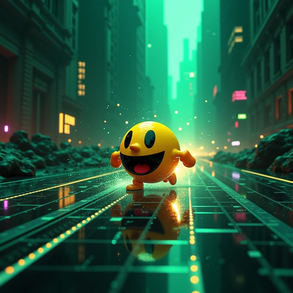 Pacman Navigates a Matrix-Inspired Cyberpunk World