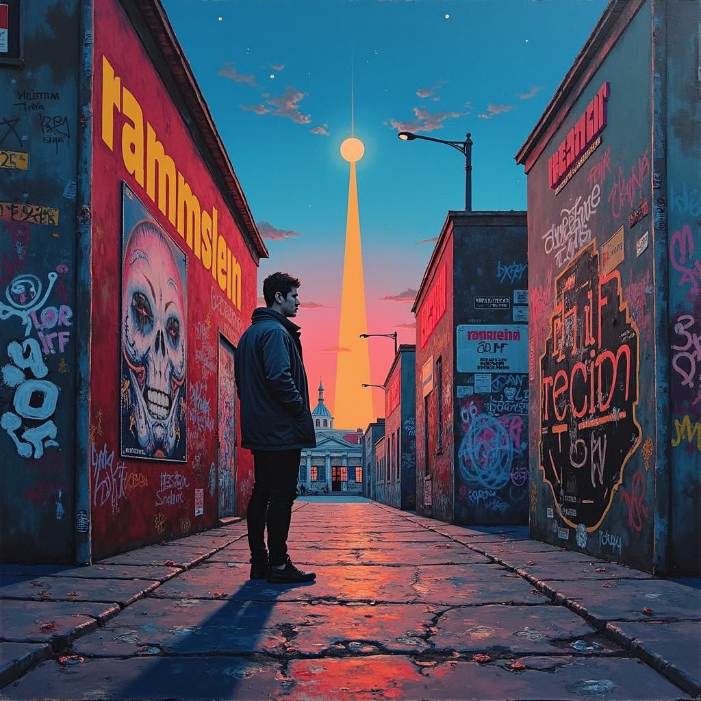 Cityscape at Dusk with Rammstein Poster