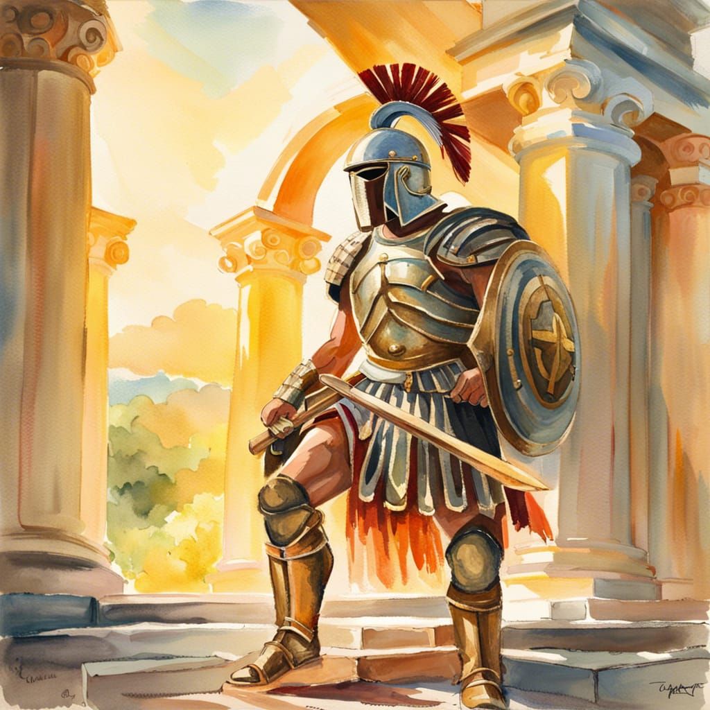 Grecian Hoplite Soldier in Gouache Style