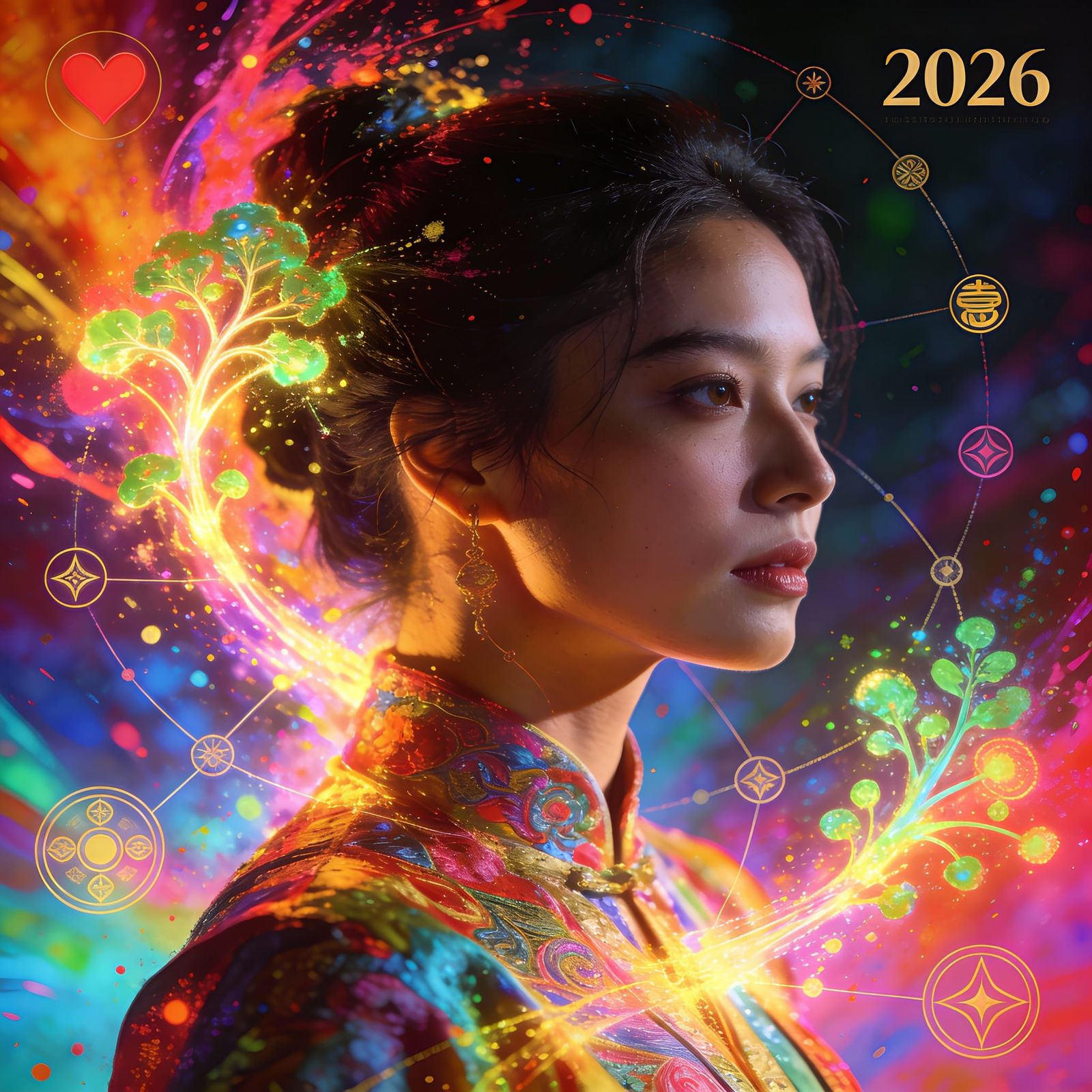 Woman Embodies 2026: Love, Growth, Fortune in Splash Art Sty...