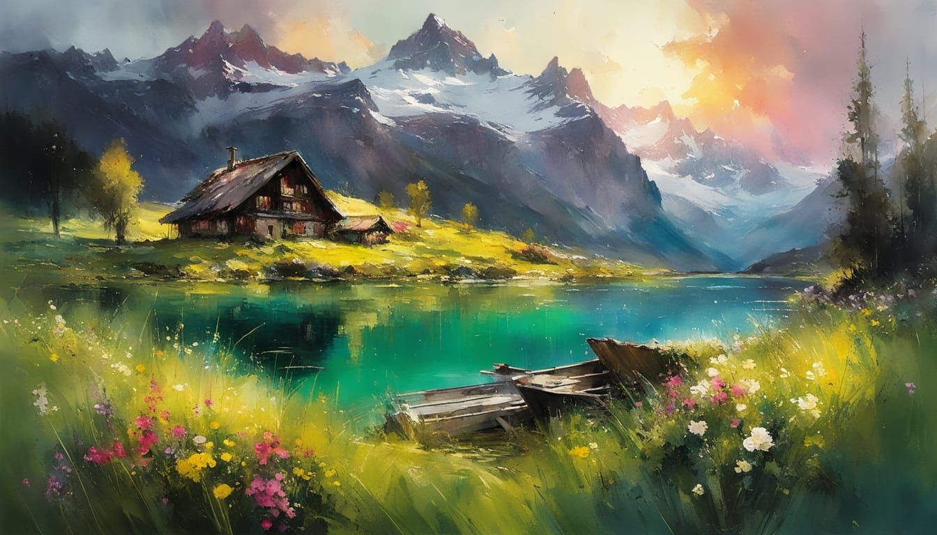Spring Swiss Alps Meadow With Emerald Lake and Cottage