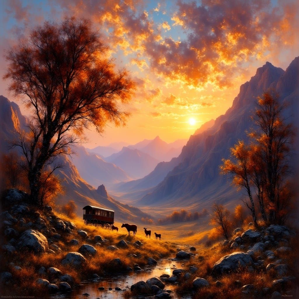Wagon Train Sunset Over Majestic Mountains