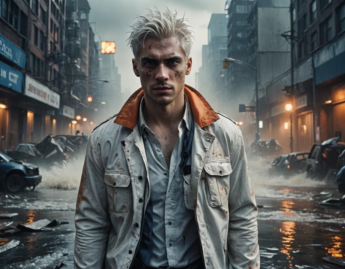 Dystopian City Portrait: Furious Young Man in Apocalyptic Fl...