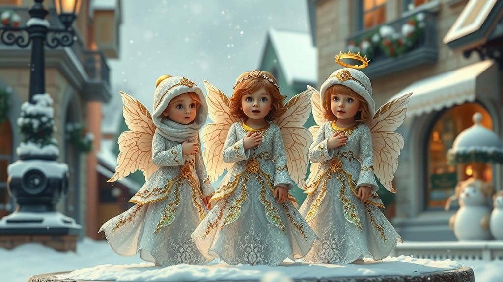 Charming Christmas Angels Sing in Snowy Street Corner