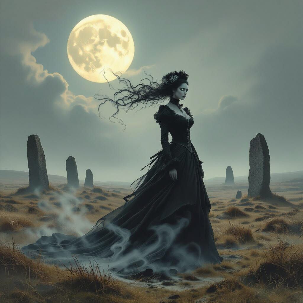 Spectral Victorian Woman on Misty Moor