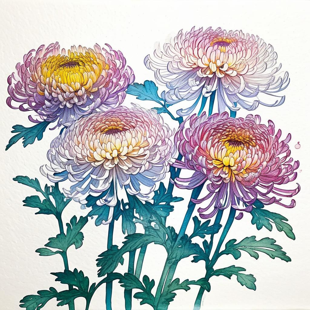 Chrysanthemum Flowers in Double Exposure Ink Drawing