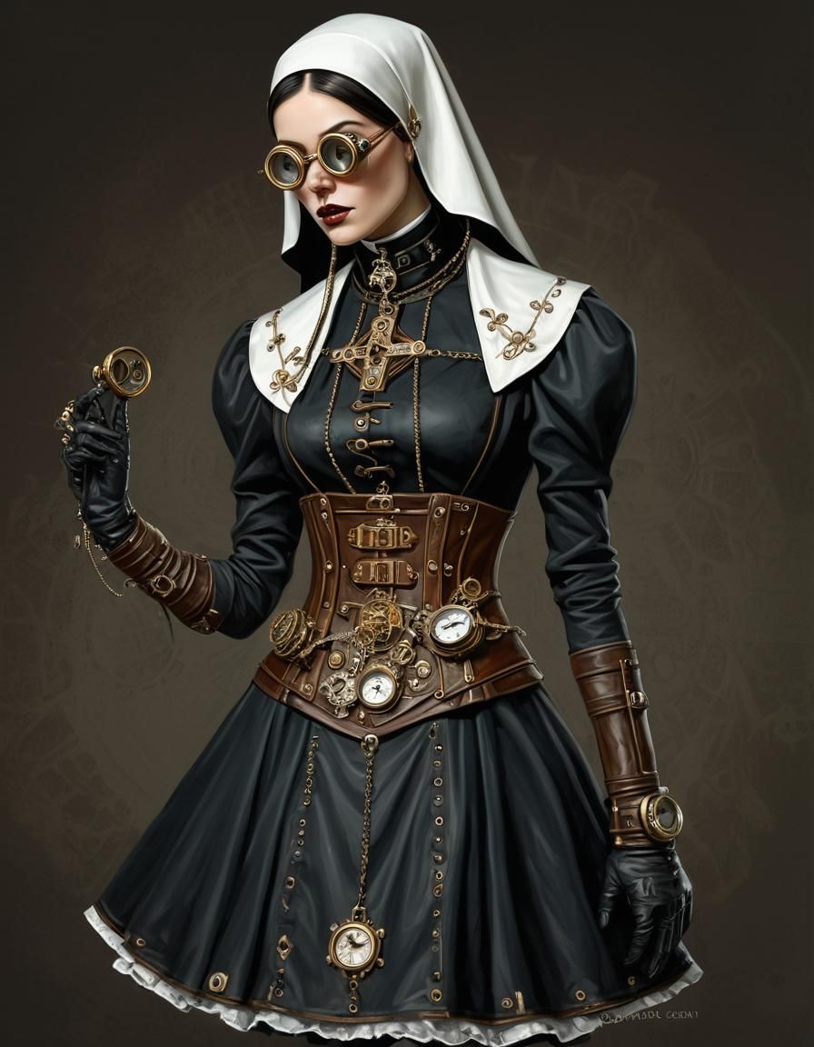 Steampunk Nun Illustration in Oil Painting Style