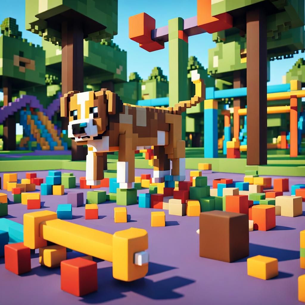 Happy Dog Playing in Pixel Art Minecraft Playground