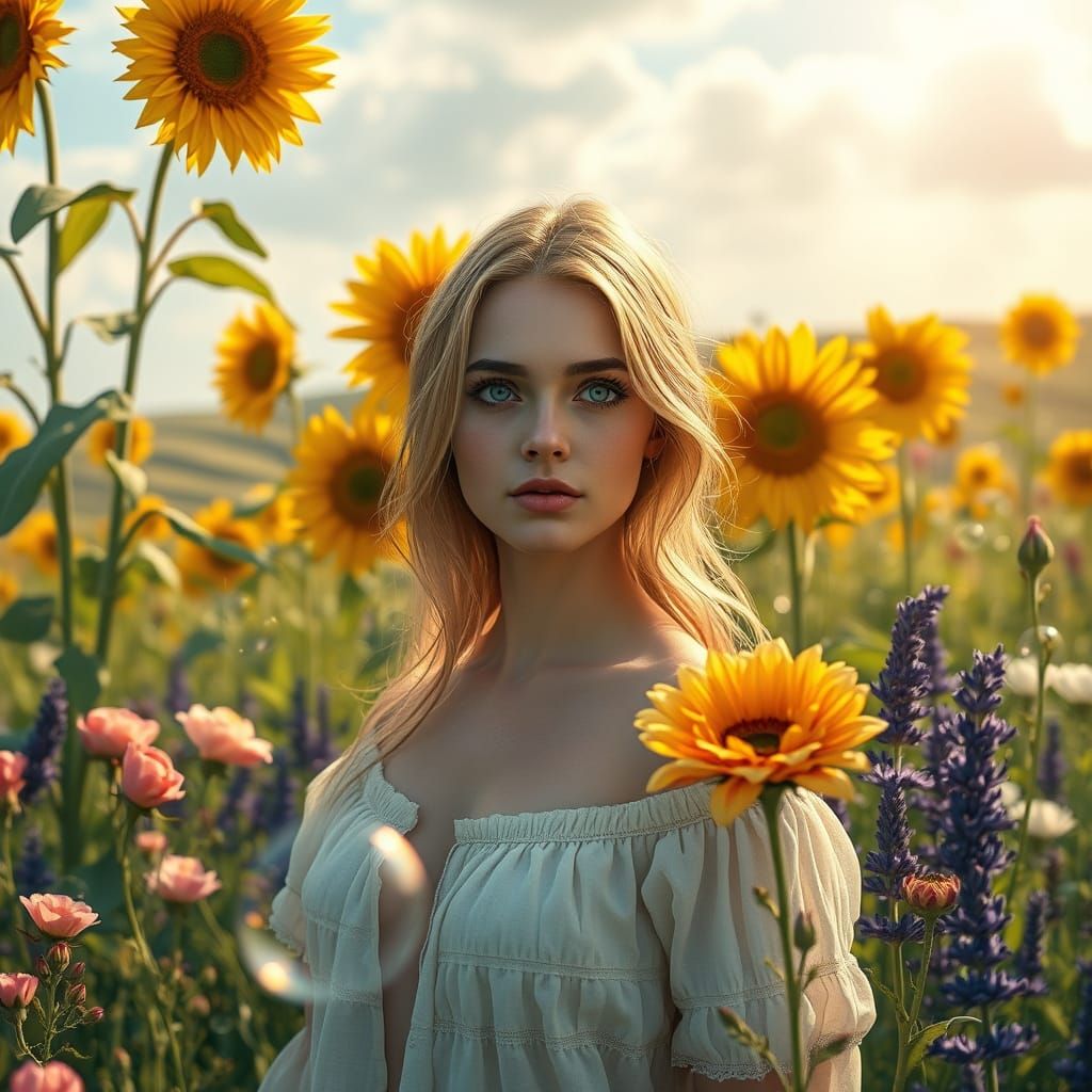 Woman in Meadow with Air Bubbles, Hyper-Realistic Style