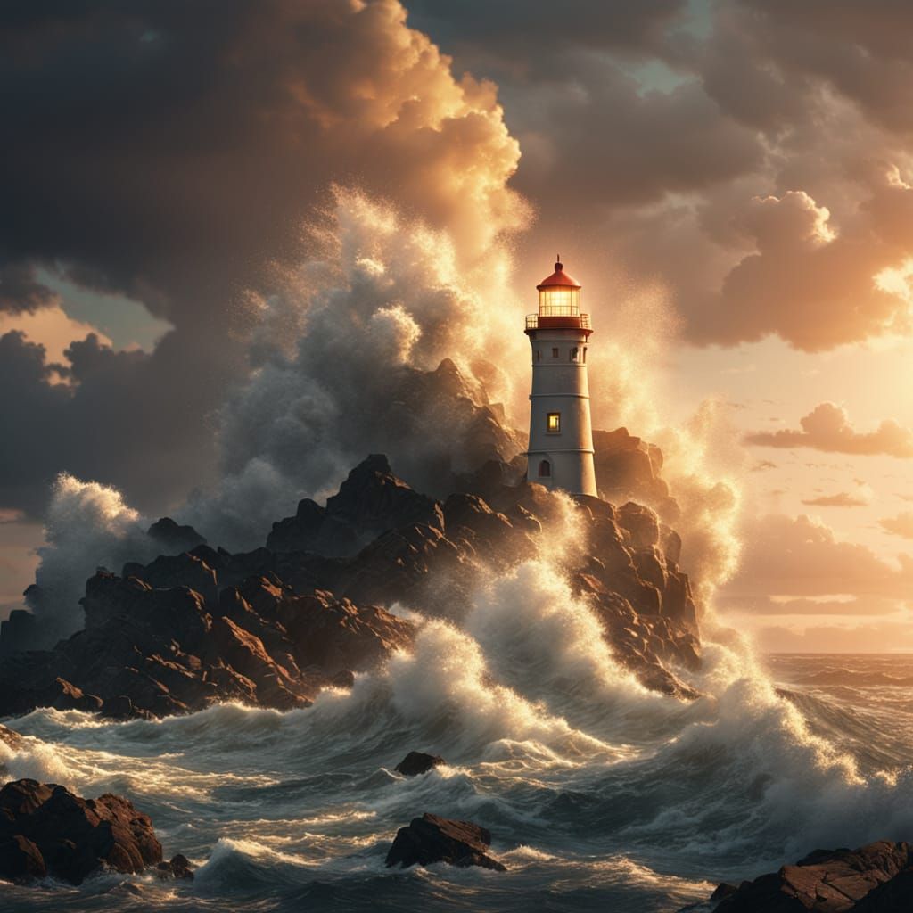 Lighthouse on Stormy Crag in Golden Light