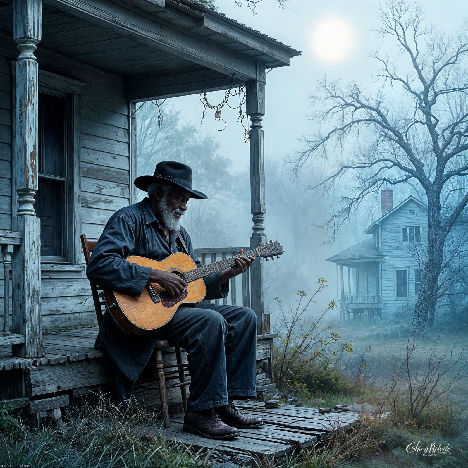 Old Man Plays Blues Music on Porch