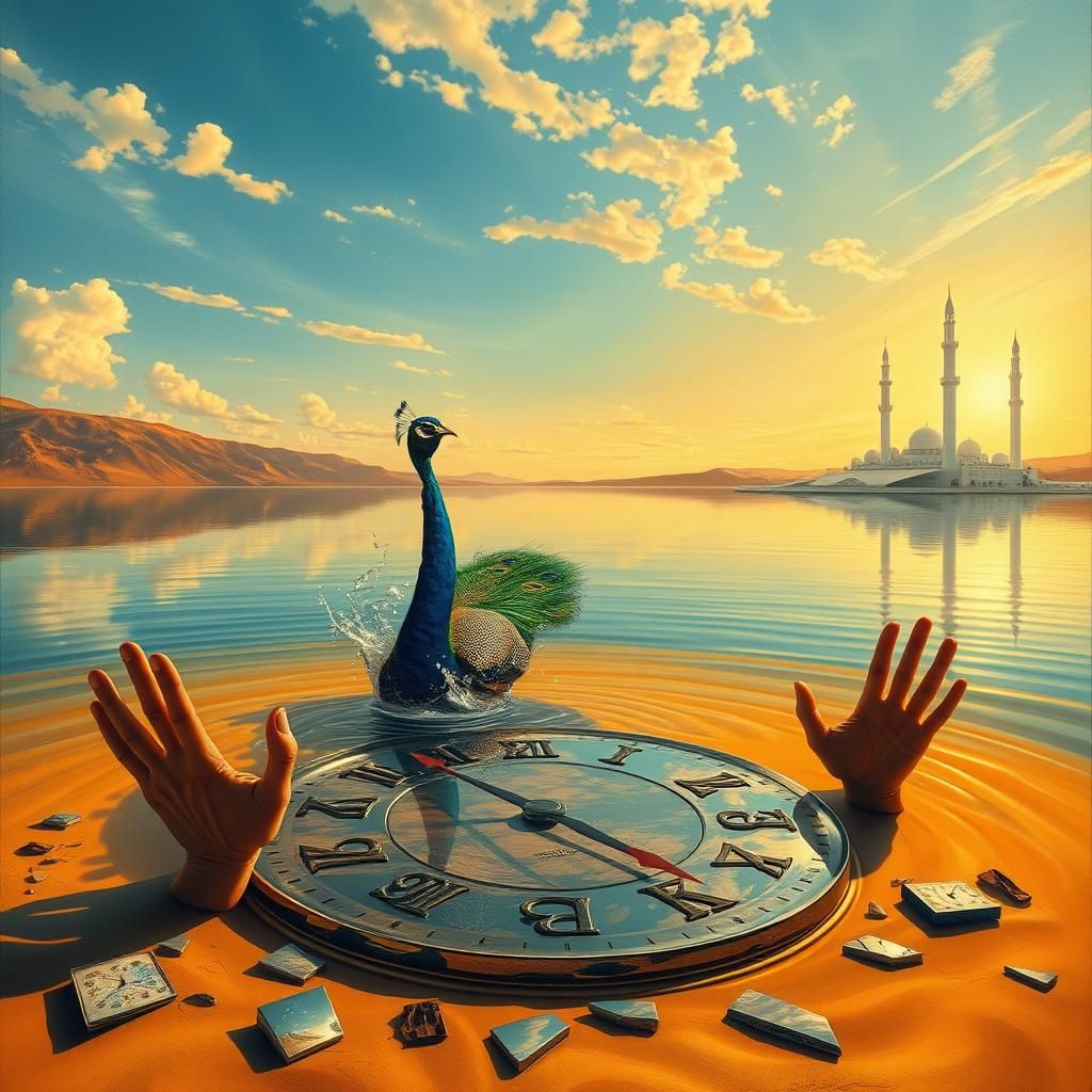 Surreal Peacock Feathers Dreamscape with Melted Clocks