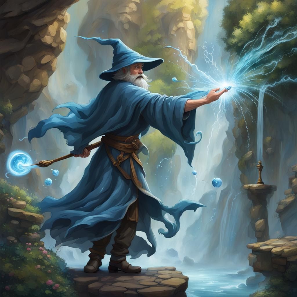 Enchanting Water Wizard Conjuring Waterfalls