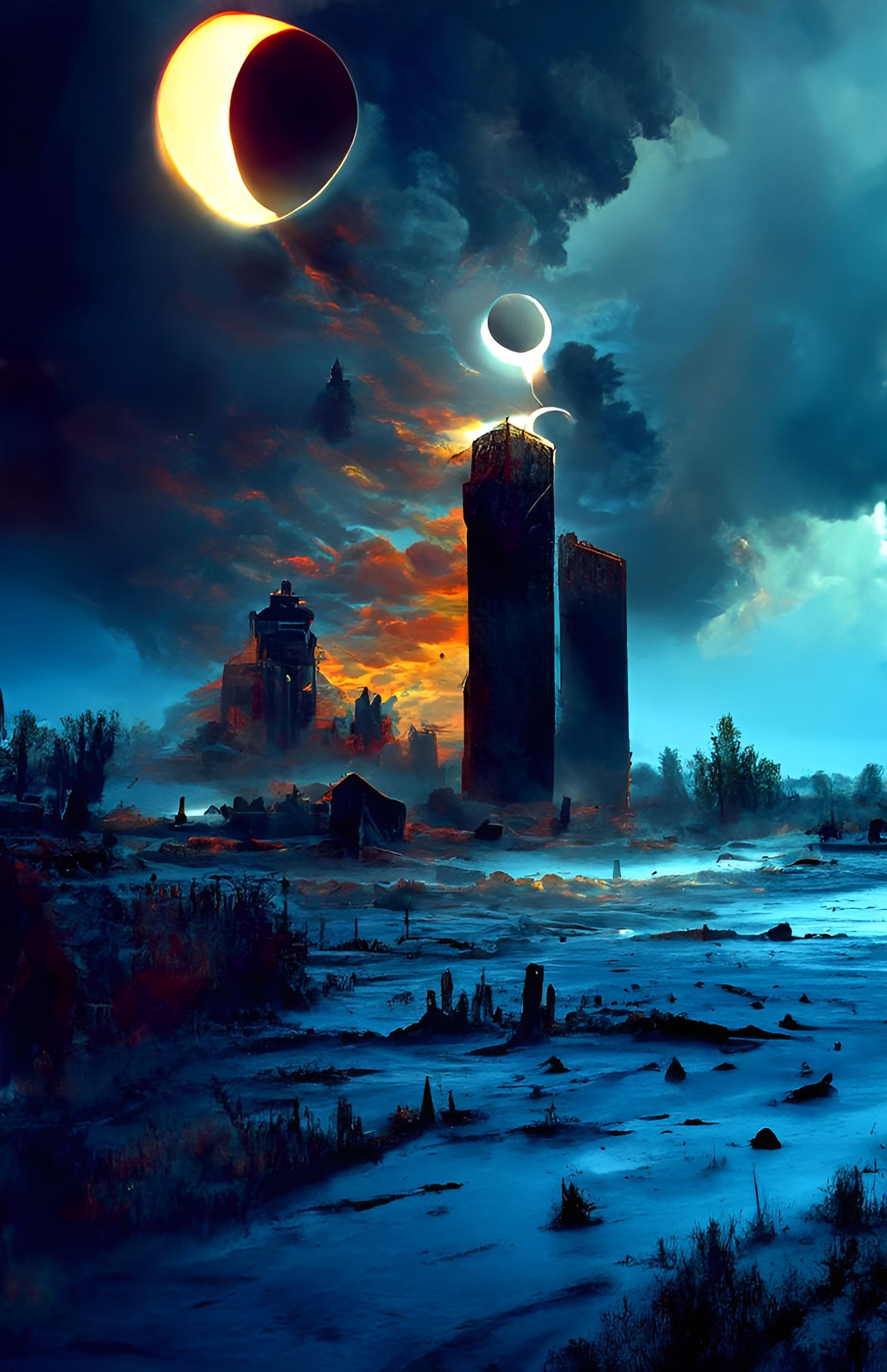 Wasteland Tower During Eclipse: Detailed Matte Painting
