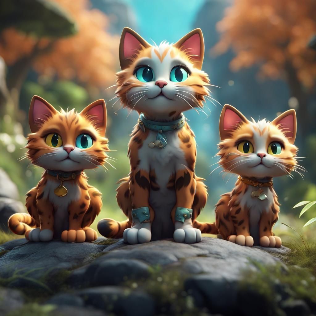 Three Cute Cartoon Feral Cats in Detailed Painting