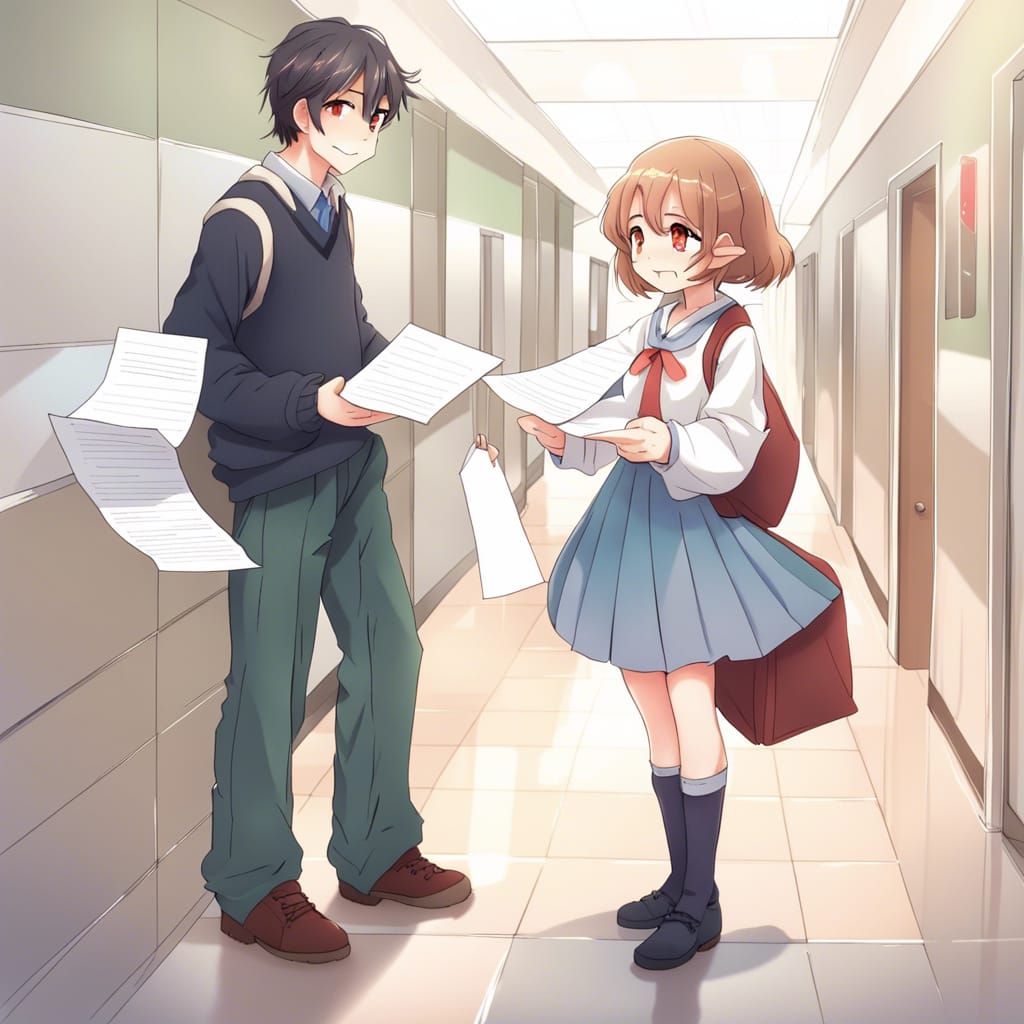 Anime Style: Boy Helping Girl with Papers