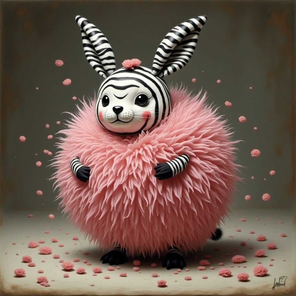 Pink and Black Striped Cottonball Bunny Illustration