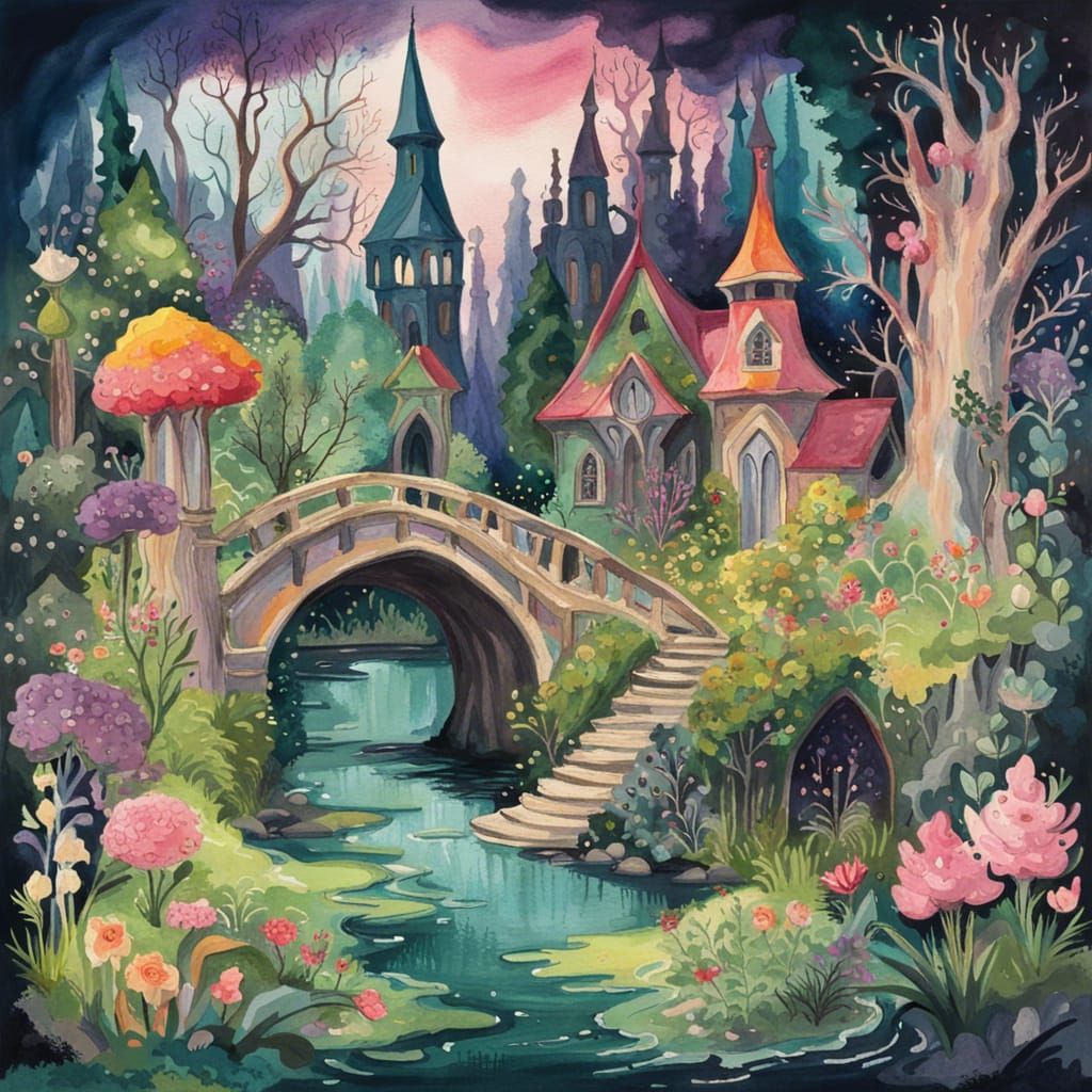 Gothic Fairytale Town in Lush Spring Forest: Gouache Style