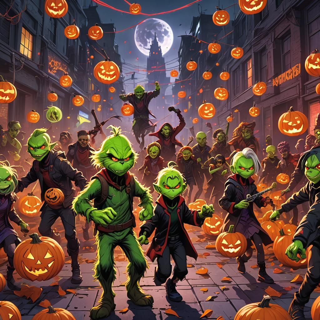 Cyberpunk Grinch Attacks Children with Laser Swords