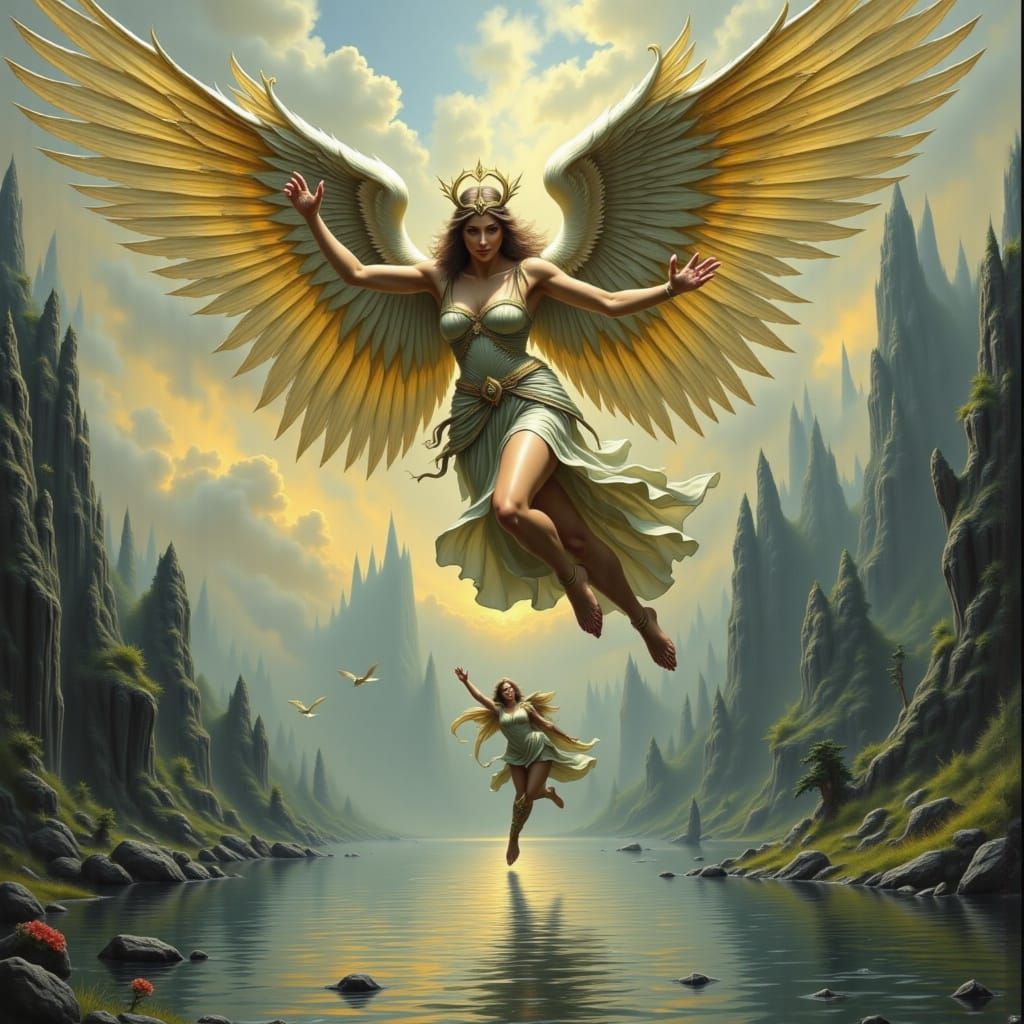 Angel Warrior Descending on Lake with Water Effects