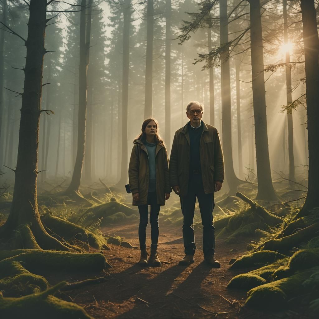 Cinematic Film Still of Emma and Father in Forest