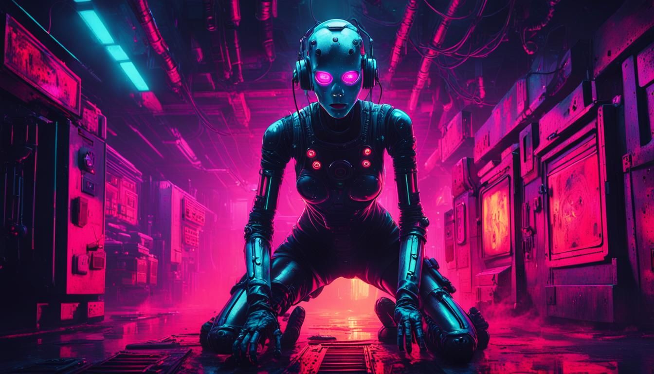 Evil Cyberpunk Robot Girl in Dark Pop Art Style