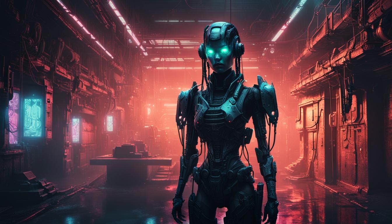 Killer Robot Girl in Cyberpunk Horror Setting