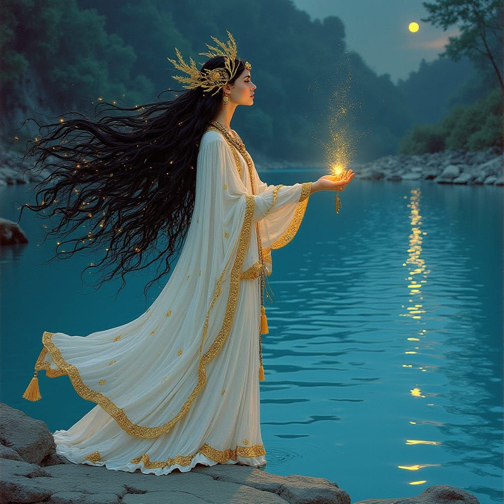 Ancient Goddess Isis with Ankh Symbol, Under Celestial Light...