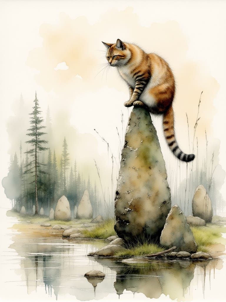 Majestic Cat Sits on Carnac Stone in Watercolor Style