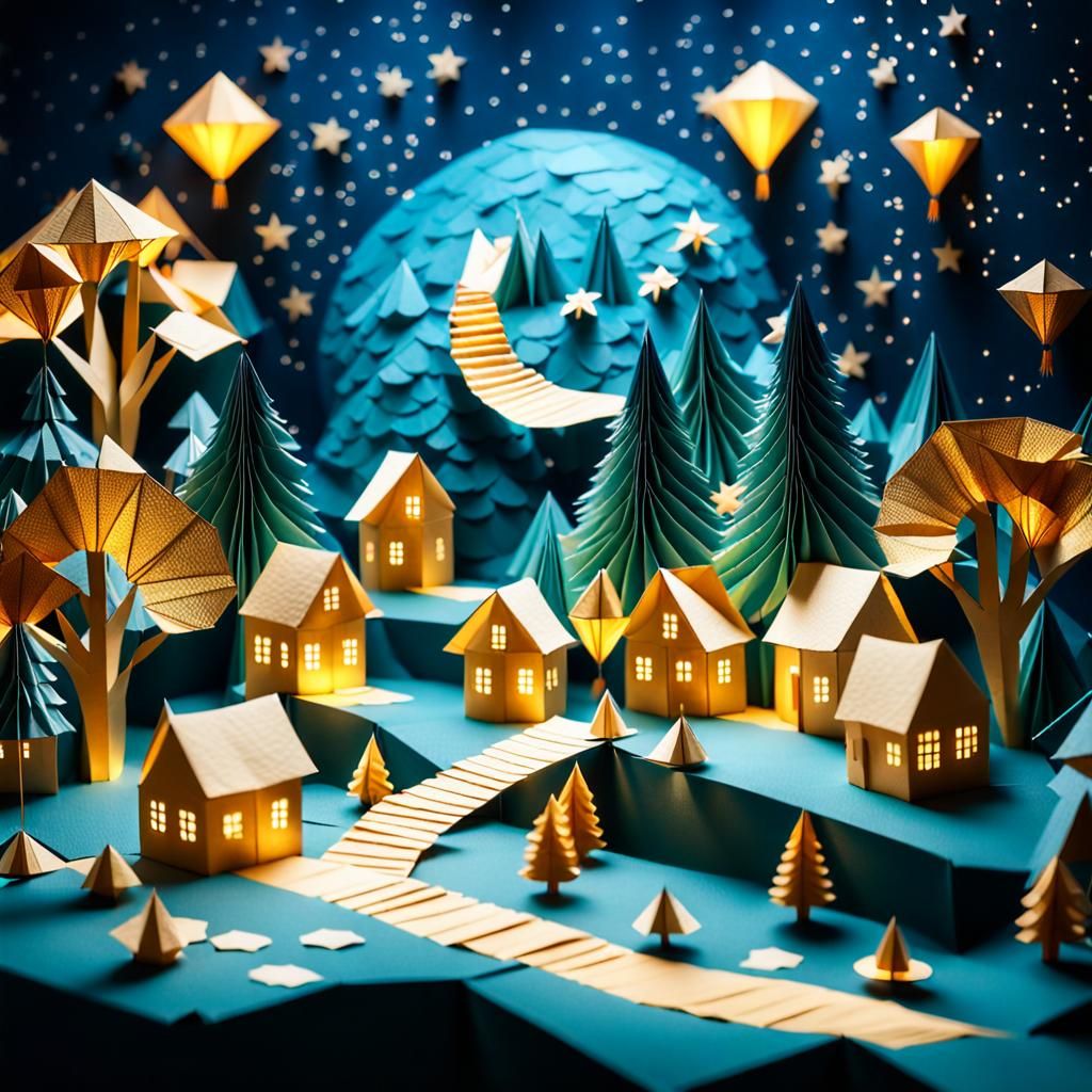 3d paper craft, Celestial village moonlit breathtaking made of kites, sparkling gold, epic shot, magistic trees, every...