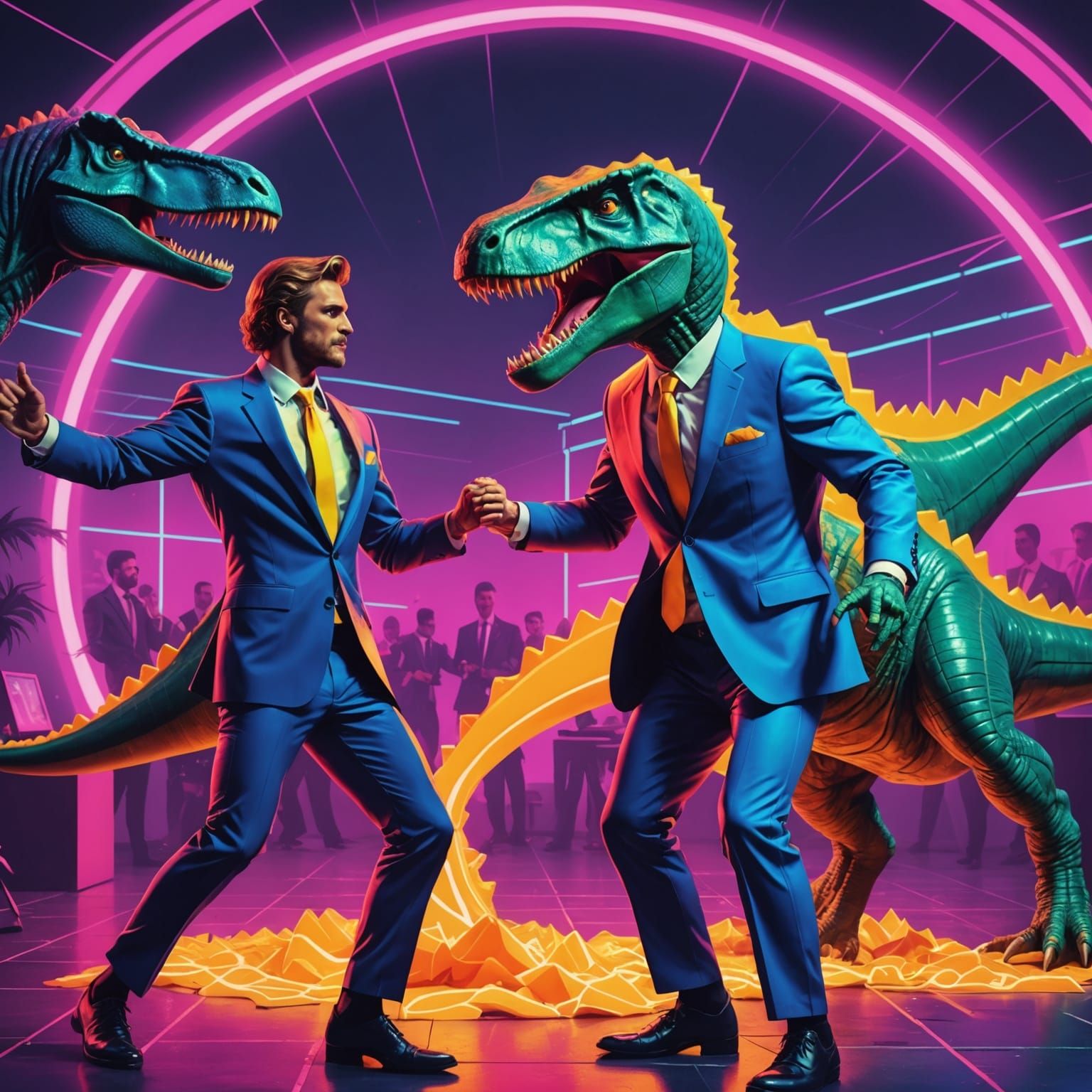 Cheese vs Dinosaur: Synthwave Neon Retro Battle