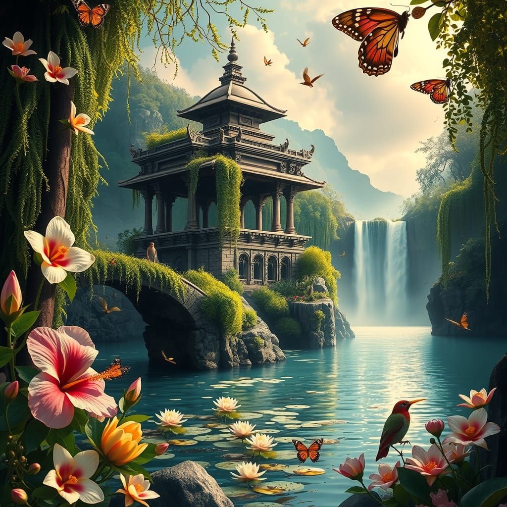 Ancient Temple in Vibrant Tropical Paradise