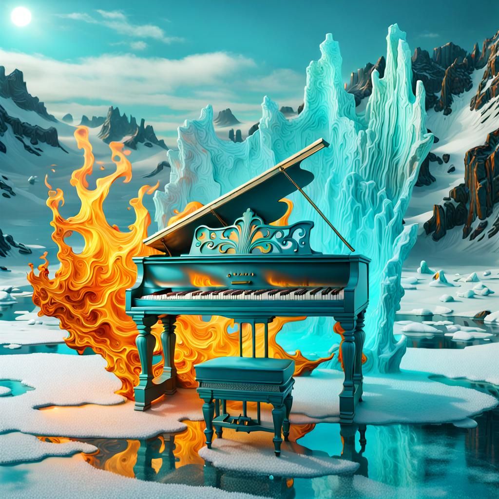 Icelandic Ice and Fire Piano Sculpture, Detailed Matte Paint...