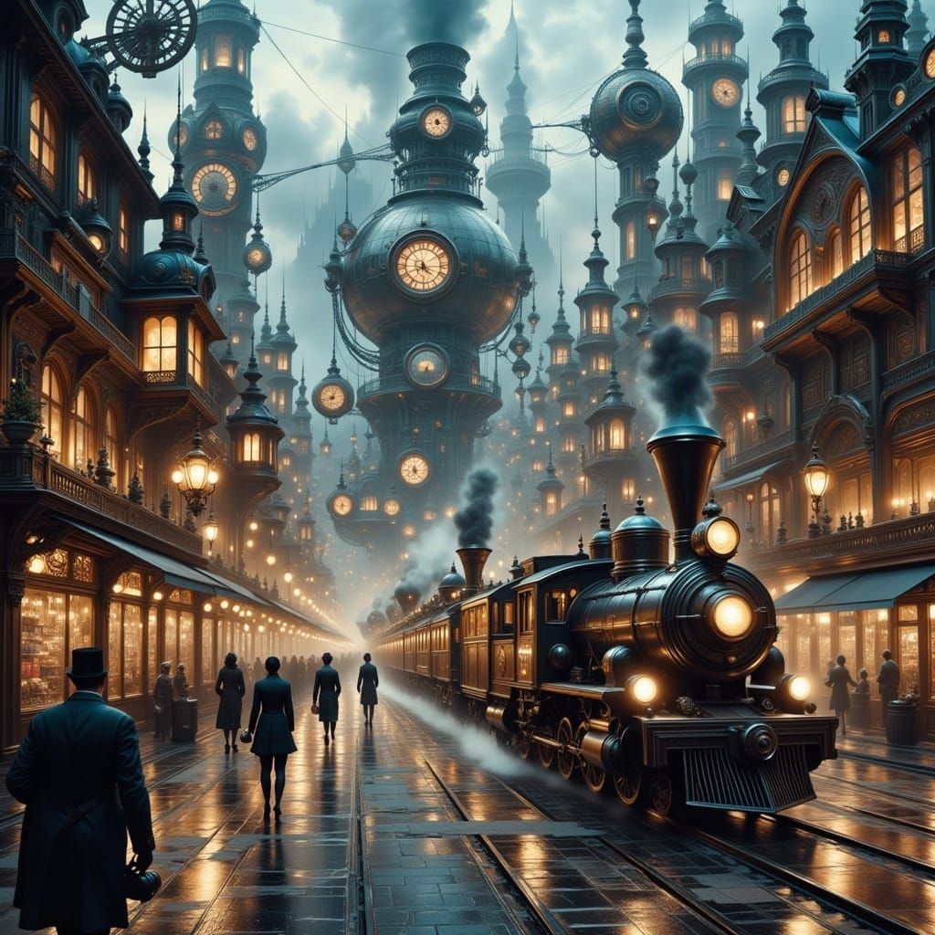 Detailed Steampunk Cityscape with Clockwork Machinery